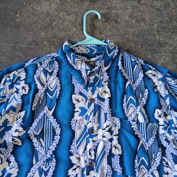 Vintage Tiki Palm Hawaiian Shirt Mens L Blue Rayon Hibiscus 90s Summer Vacation - Picture 2 of 7